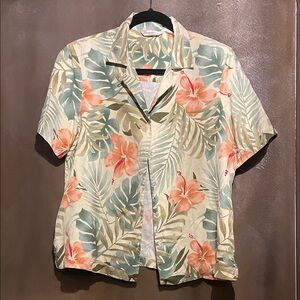 Tommy Bahama Silk Shirt with Green and Cream Leaves Pink flowers